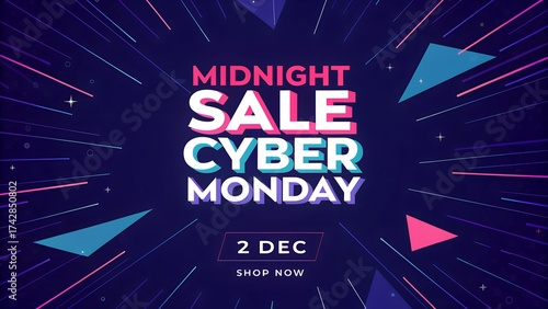 Midnight cyber monday sale announcement with abstract geometric shapes