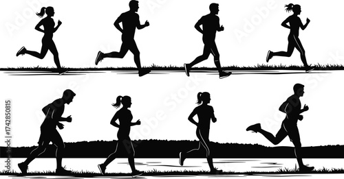 Silhouettes of people including woman child and family in dynamic sports and business activities vector illustration