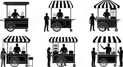 Silhouettes of people in various situations with icons of furniture and home interior elements