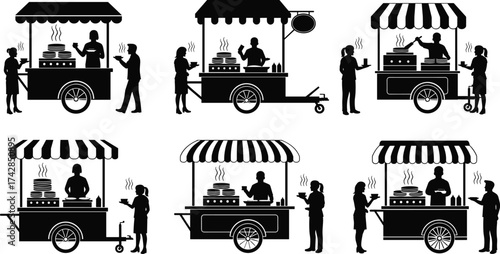 Silhouettes of people and transport icons vector illustration set