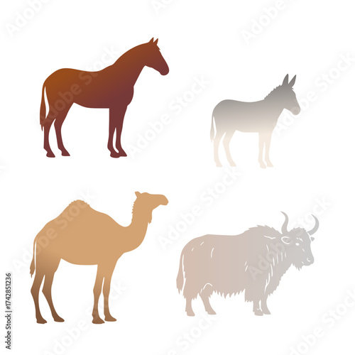 A set of four animal silhouettes on a white background. The images include a horse in a dark brown hue, a donkey in light gray