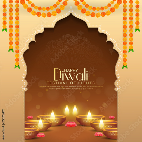 Happy Diwali - Vibrant Festival of Lights Celebration Background Poster Design With Decorative Diya.Indian Hindu Light Festival. Holiday Background. Vector Illustration.
