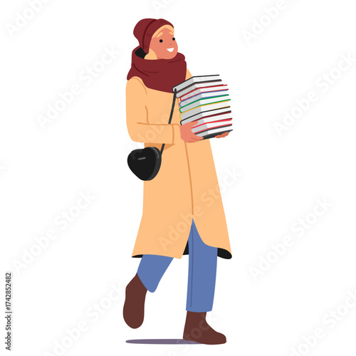 Pretty woman cartoon character wearing winter clothes carrying books stack enjoying Christmas fair