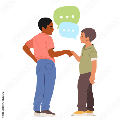 Older guy and younger boy shaking hands making deal or celebrating agreement and cooperation