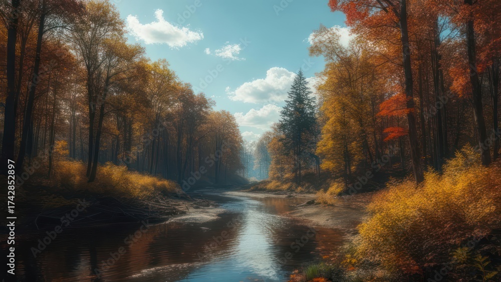 Obraz premium Autumnal forest river scene