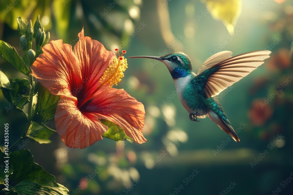 Naklejka premium A stunning hummingbird with iridescent plumage approaches a radiant orange hibiscus bloom in a sun-dappled garden.