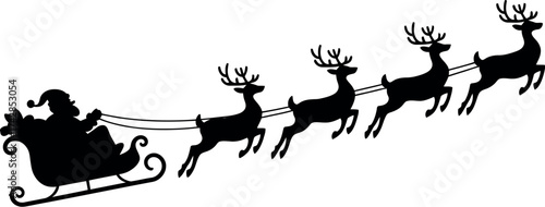 Vector art of silhouette of santa claus riding in his sleigh being pulled by reindeer