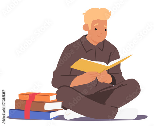Young man cartoon character enjoying reading book sitting on flor isolated on white background