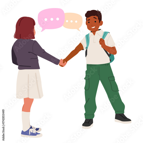 Schoolboy and schoolgirl shaking hands each other get acquainted isolated on white background