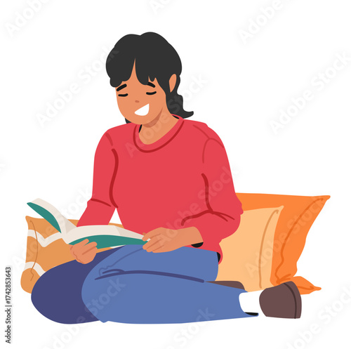 Young woman cartoon character reading book enjoying studying or hobby activity isolated on white