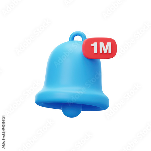 Blue notification bell with 1 million badge isolated on transparent background