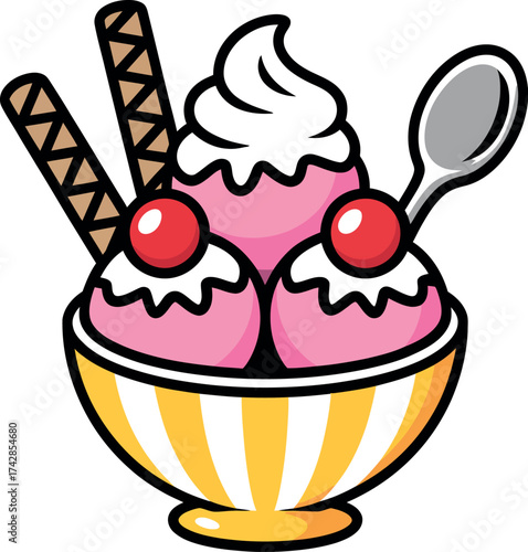 Vector art of a delicious ice cream sundae in a striped bowl with wafers and a spoon