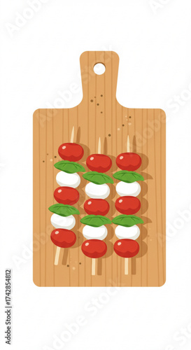 Caprese skewers arranged on wooden cutting board  