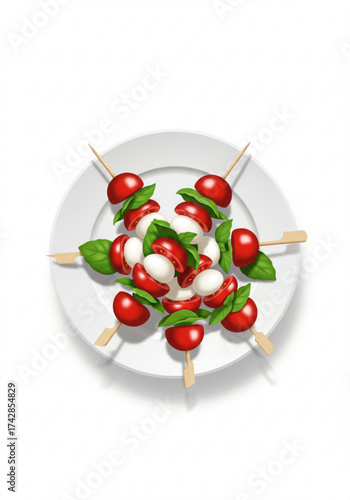 Caprese skewers with tomatoes, mozzarella, and basil on white plate  