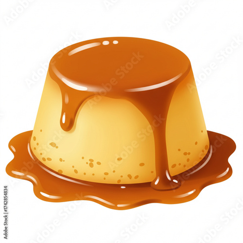 Caramel flan dessert with sauce dripping on white background  