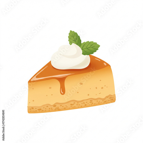 Caramel flan dessert slice with whipped cream and mint leaves  