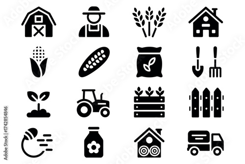 Vector art of set of agriculture and farming icons, representing rural life, harvest, and agricultural practices