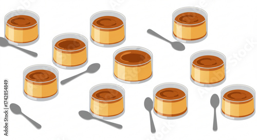 Caramel flan desserts arranged with spoons on white background  