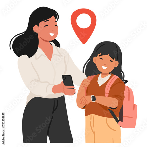 Mother and daughter using mobile phone and smart watch device for connection to control location