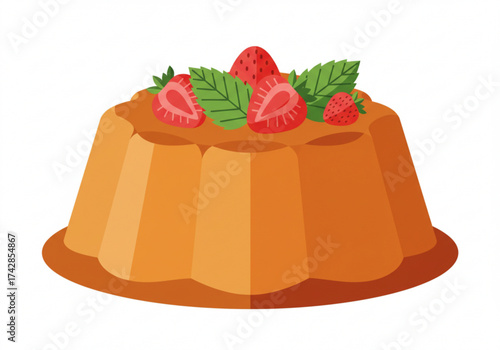 Caramel flan dessert topped with strawberries and mint leaves  