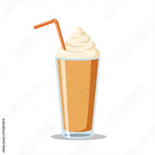 Caramel milkshake in a glass with whipped cream and straw  