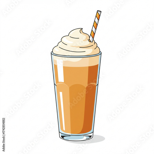 Caramel milkshake in clear glass with whipped cream and straw  