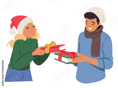 Happy girlfriend and boyfriend sharing wrapped books as traditional gifts on Christmas holidays