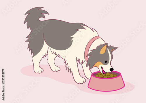 Adorable cartoon illustration of a fluffy companion dog eating food from a pastel pink bowl