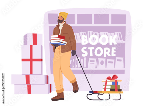 Happy satisfied man character carrying books after shopping at traditional Christmas literature fair