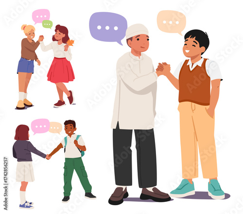 Diverse interracial schoolchildren handshaking gesture and nice communication cartoon scene set