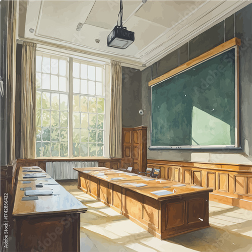 Lecture Hall, watercolor vector, isolated on a white background.