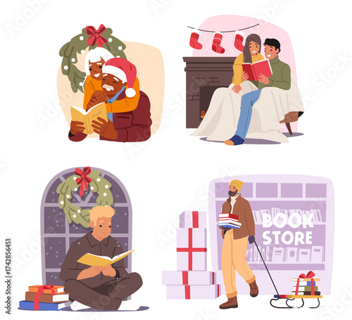 Christmas book fair cartoon scenes with happy people enjoying reading and shopping on holidays