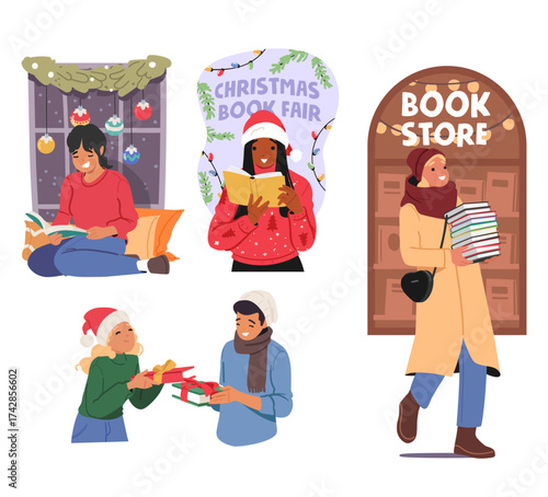 Christmas book fair vector illustration with happy people carrying books, exchanging gifts, reading