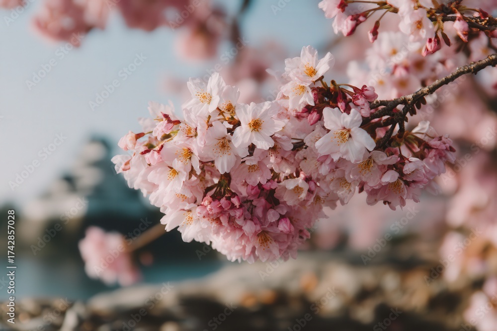 Obraz premium Blossoming cherry tree branches adorned with delicate pink flowers against a serene backdrop embodying the beauty of nature during springtime renewal and awakening
