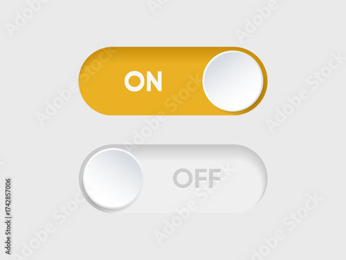 3d On and Off toggle switch icons. Switch toggle buttons ON OFF. Material design switch buttons set. Open and close ui icons. Active and Inactive icon. Stock Vector.