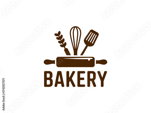 Vector art of bakery logo with rolling pin, whisk, spatula and wheat