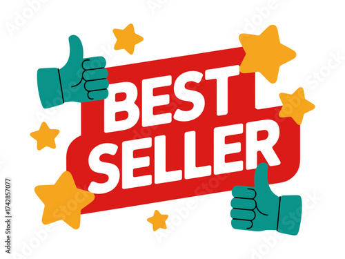 Vector art of best seller sign with thumbs up and stars, promotion label