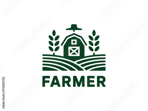 Vector art of farmer logo with barn, wheat, and field for agricultural business