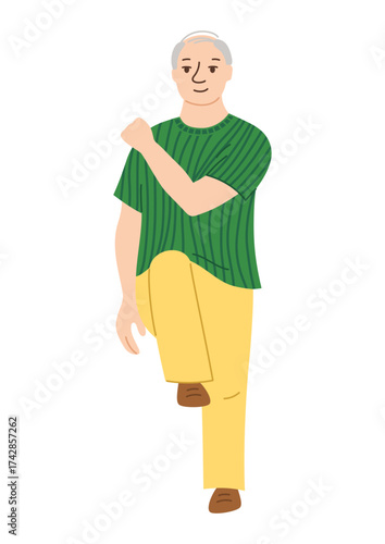 Elderly man cardio workout, elbow exercise. Health exercise adult senor pensioner on rehabilitation. Active old men character fitness gymnastics helpful cardio gym relaxation vector design