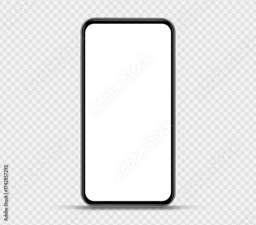 Realistic smartphone mockup. Mobile phone vector with isolated on white background. Device front view. 3D mobile phone with shadow. Realistic, high quality smart phone mockup for ui ux presentation.