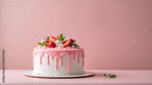 Pink Drip Cake with Strawberries on Pink Table for Celebration