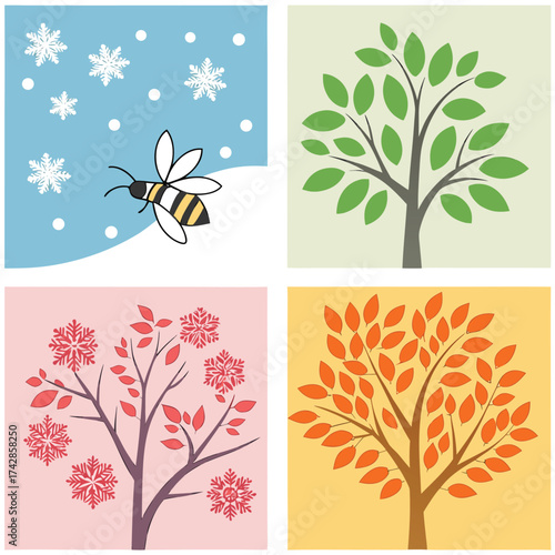 Vector set of autumn trees with colorful leaves, branches, and silhouettes for season and nature illustration design elements