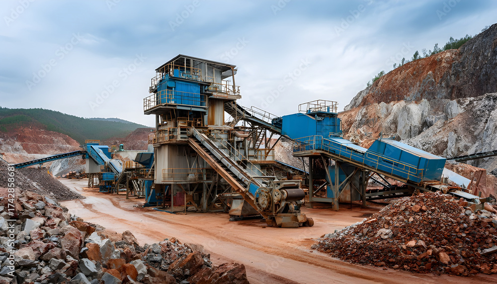 Obraz premium Process Ore is crushed to recover copper, gold, iron top view. Crusher for stones, processing plant on open pit mine