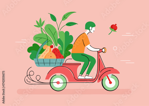 Flat Design Illustration of Sustainable Food Delivery by Scooter