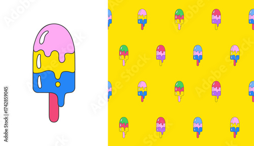 Ice cream sticker retro cartoon seamless pattern. Summer comic ice cream cartoon groovy trendy 90s boundless background. Psychedelic endless vector for paper print textile, wrapper backdrop template