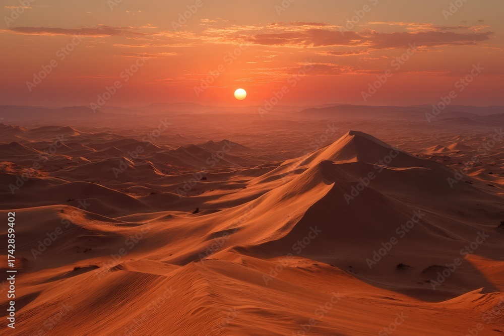 Fototapeta premium Mesmerizing view of expansive sand dunes enveloped in golden sunlight at dusk offering an evocative blend of tranquility and vastness inspiring exploration and adventure