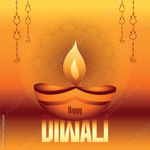 Happy Diwali greeting with a large, glowing diya oil lamp and flame centered on a vibrant orange background. The traditional design includes a subtle mandala and ornate hanging lamps.