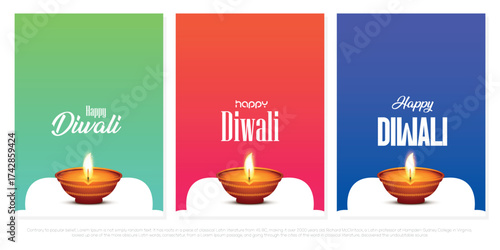 Set of three Happy Diwali vertical posters with a single lit diya at the bottom. The set features a colorful palette of red, green, and blue gradients. A minimal and modern festival greeting.