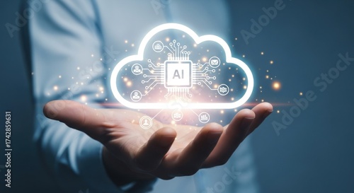 Wallpaper Mural Businessman Holding Glowing Cloud Icon with Artificial Intelligence Chip. Torontodigital.ca