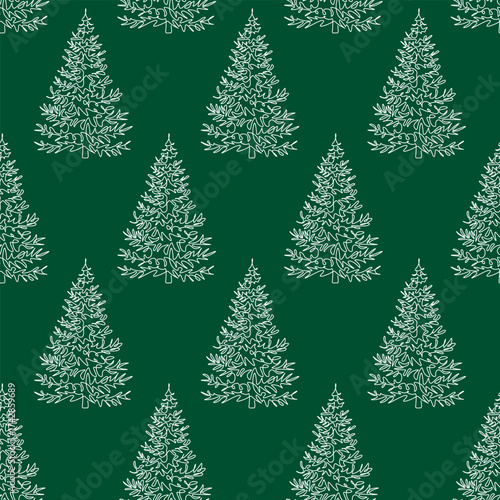 Seamless pattern Christmas trees. Doodle outline sketch. Linear repeating drawing green background. White line fir trees vector illustration. Gift paper, fabric print, cover. New Year design elements.